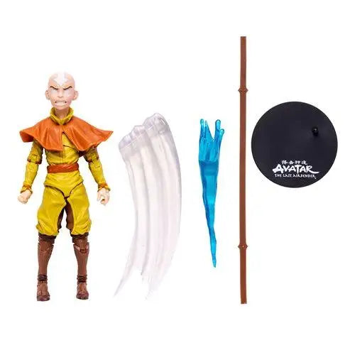 Close-up of Aang Avatar State Gold Label action figure with stick and hat.