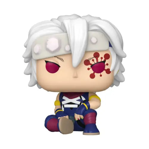 Cartoon-style Tengen Uzui Funko Pop from Demon Slayer with white hair and eye patch
