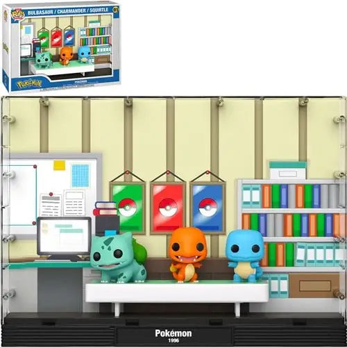 Pokémon Funko Pop diorama featuring Bulbasaur, Charmander, and Squirtle in display case