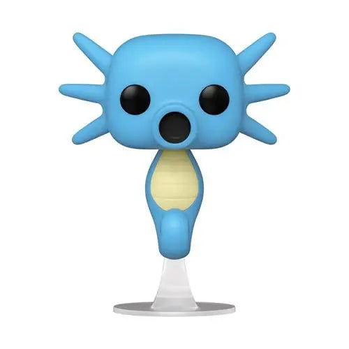 Light blue Pokemon Horsea vinyl figure with black eyes and pale yellow belly
