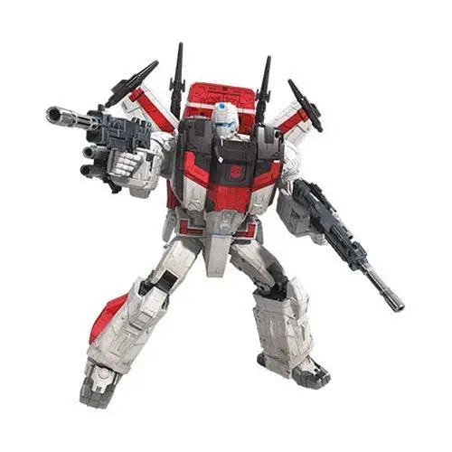 12-inch Transformers Siege Commander Jetfire toy robot with gun on white background