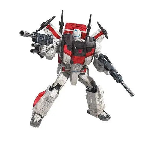 12-inch Transformers Siege Commander Jetfire toy robot with gun on white background.