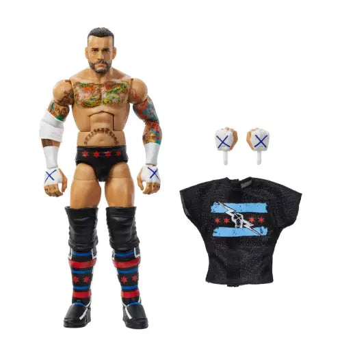 CM Punk action figure from WWE Elite Collection Series 115 with accessories displayed