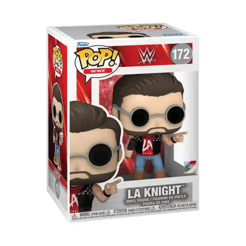 WWE LA Knight Funko Pop box showcasing the collectible Knight Funko Pop figure
