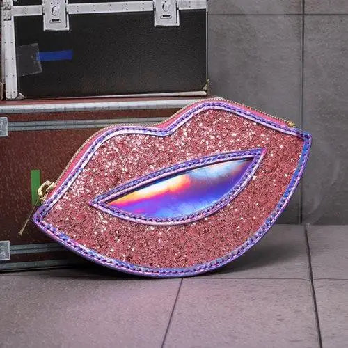 Pink glitter Lips clutch bag with WWE Bianca Belair Lips Wallet - Exclusive