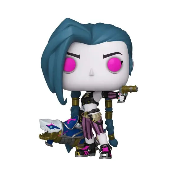 Jinx Funko Pop figurine with blue hair and futuristic armor from Legends Jinx collection