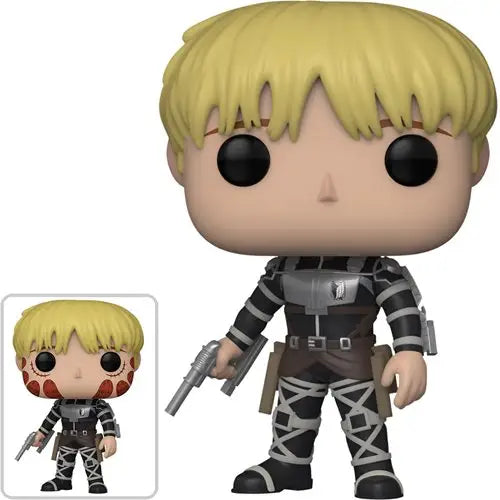 Limited Edition Armin Arlert Funko Pop Figure with man holding gun