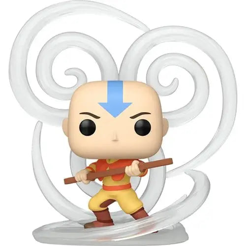 Funko Pop figure of Airbender Aang Deluxe in yellow and orange with a staff