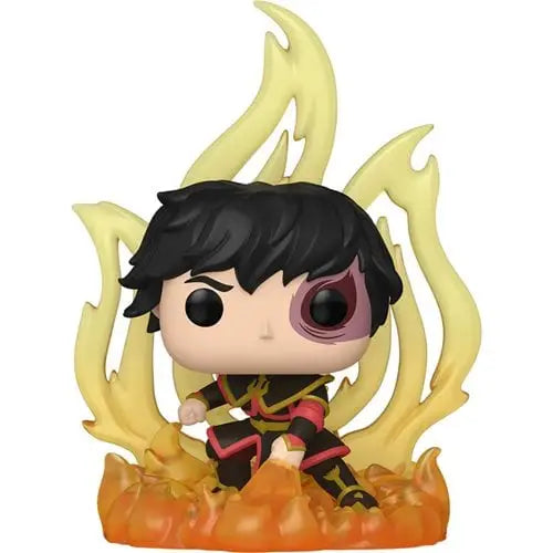 Funko Pop of Airbender Zuko Deluxe figure surrounded by yellow flames