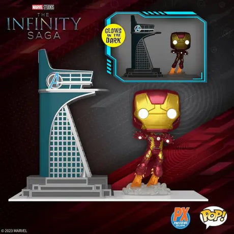 Iron Man Funko Pop flying near Avengers Tower in Glow-in-the-Dark Previews Exclusive