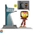 Iron Man Funko Pop with Avengers Tower display glowing in the dark, Previews Exclusive