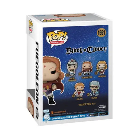 Black Clover Fuegoleon Funko Pop! Vinyl Figure box showcasing anime characters