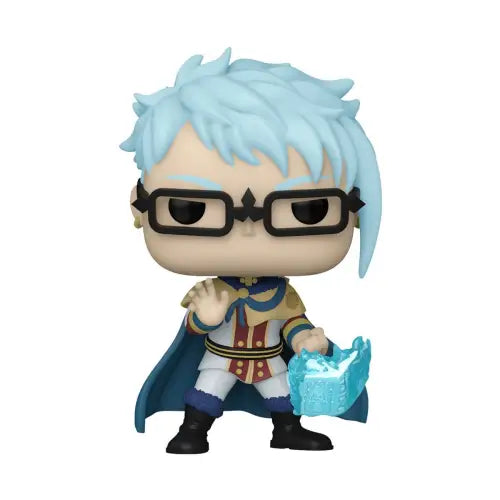 Black Clover Klaus Funko Pop figure with blue hair, glasses, and a glowing book