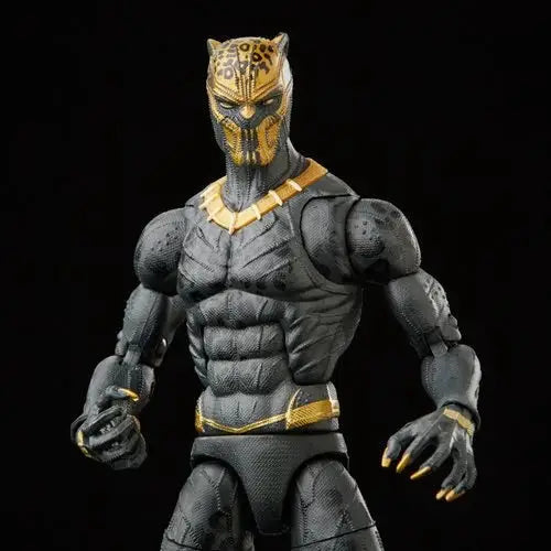 Erik Killmonger Marvel Legends action figure with black panther design on gold and black background