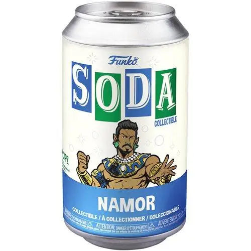 Close up of Wakanda Forever Namor Soda Vinyl Figure can with cartoon design