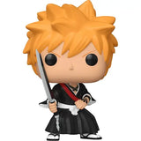 Funko Pop figure of Ichigo Kurosaki from Bleach with orange hair and sword in black robes