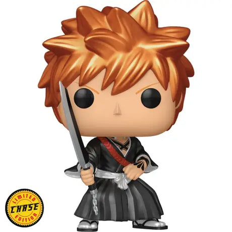 Funko Pop figure of Ichigo Kurosaki in black robes wielding a sword from Bleach