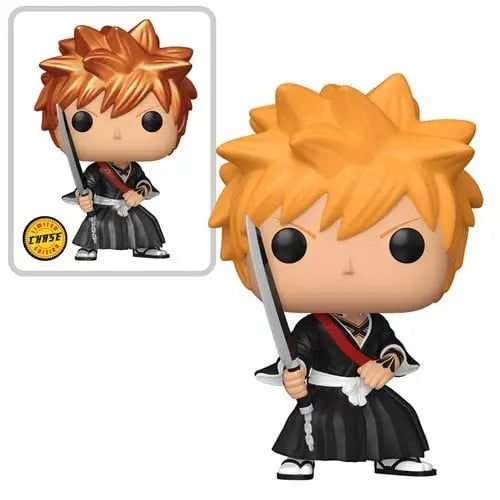 Funko Pop figure of Ichigo Kurosaki from Bleach with spiky orange hair and sword