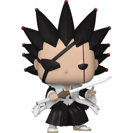 Stylized Funko Pop of Bleach Kenpachi Zaraki with spiky hair and swords in black and white