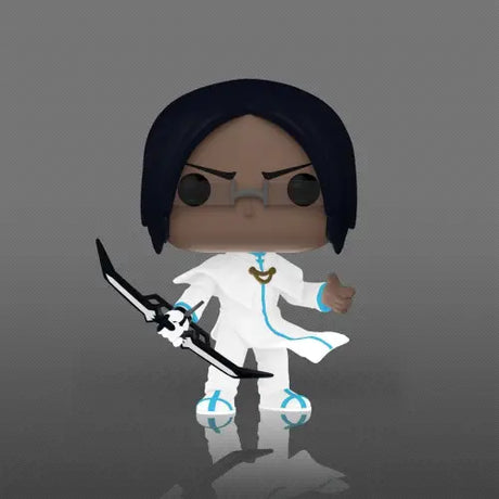 Cartoon-style Uryu Ishida Funko Pop figure in white outfit with sword and stethoscope