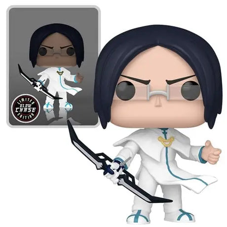 Cartoon-style Bleach Uryu Ishida Funko Pop figure in medical attire with bow weapon