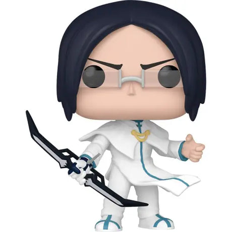 Stylized Bleach Uryu Ishida Funko Pop figure in white holding a sword-like weapon