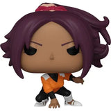 Yoruichi Shihoin Funko Pop figure in dynamic pose from Bleach with purple hair and orange top