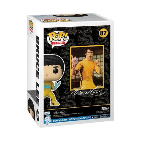 Bruce Lee Funko Pop figure #87 in yellow jumpsuit striking a martial arts pose