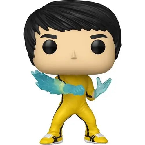 Bruce Lee Funko Pop figure in yellow jumpsuit with glowing blue hands in martial arts pose