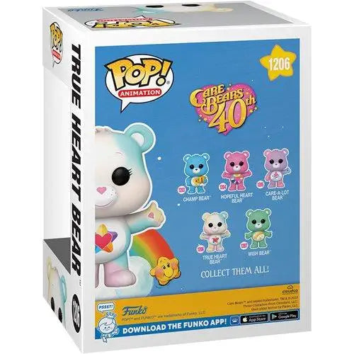 True Heart Bear 40th Anniversary Collectible Figurine featuring Care Bears pop vinyl toys and bear close up