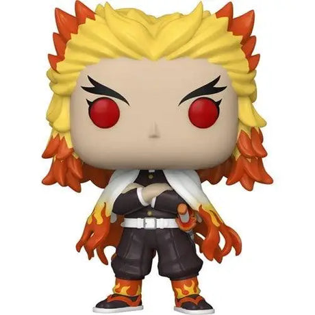 Close up of Demon Slayer Kyojuro Rengoku vinyl figure with blonde hair and red eyes