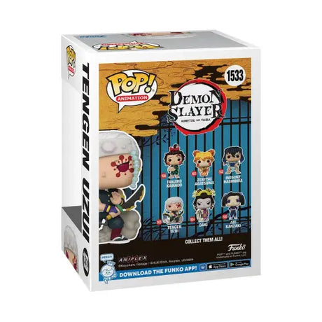 Demon Slayer Tengen Uzui Funko Pop! vinyl figure box showcasing anime characters