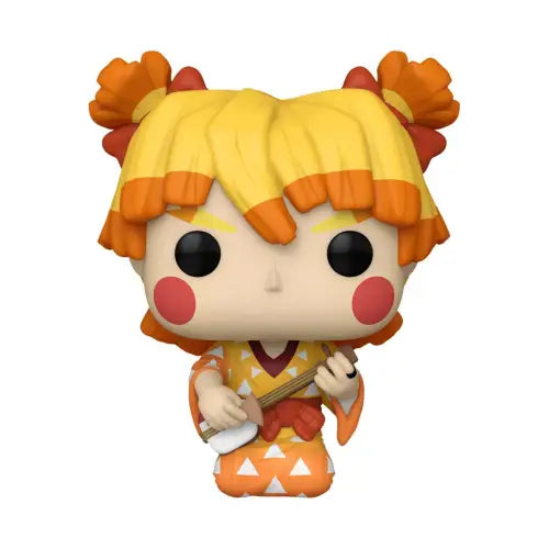 Demon Slayer Zenitsu Funko Pop figure with orange pigtails on a pumpkin