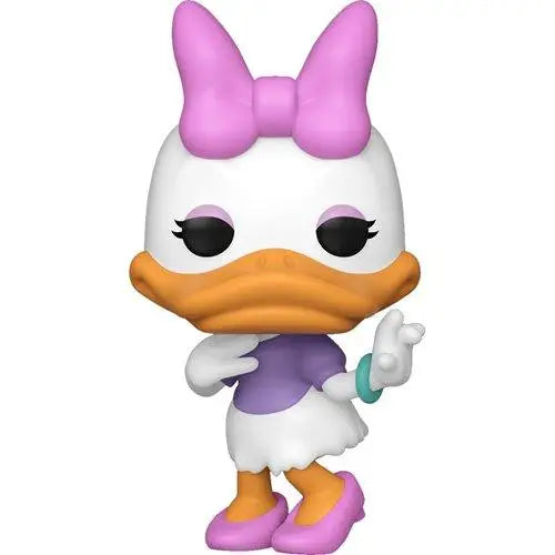 Close up of Daisy Duck Pop vinyl figure toy with purple bow