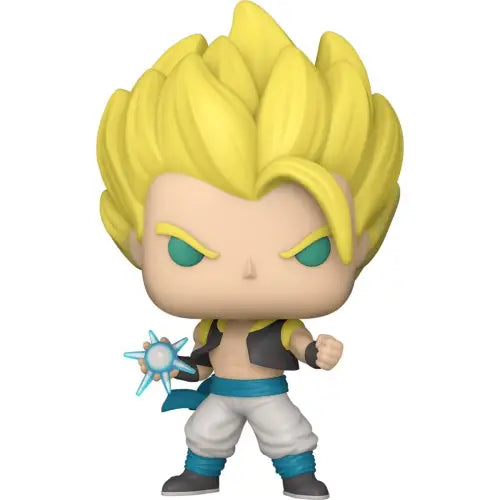 Gogeta Funko Pop figure from Dragon Ball Super in dynamic fighting pose with energy blast