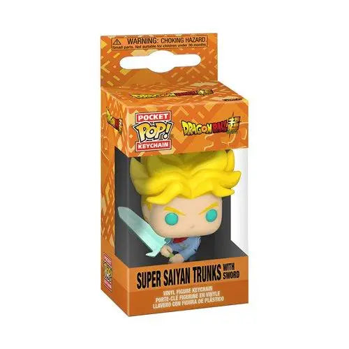 Dragon Ball Super Super Saiyan Trunks key chain showcasing Funko Pop vinyl figure.