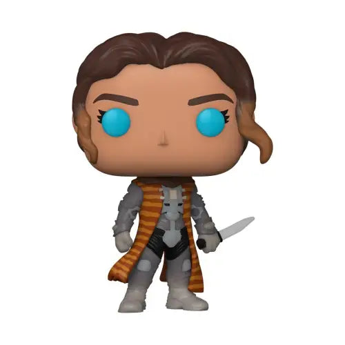 Chani Funko Pop wearing gray armor with orange stripes holding a sword from Dune 2