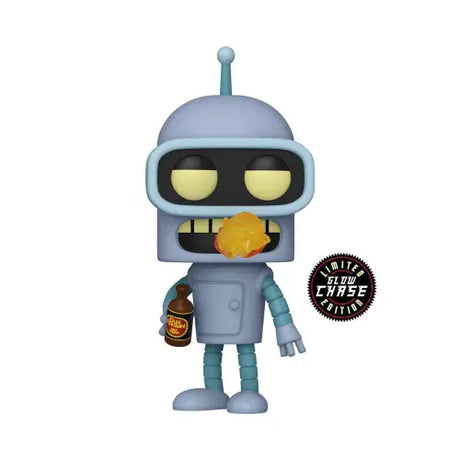 Cartoon-style Bender Funko Pop with glowing eyes, holding a bottle and snack