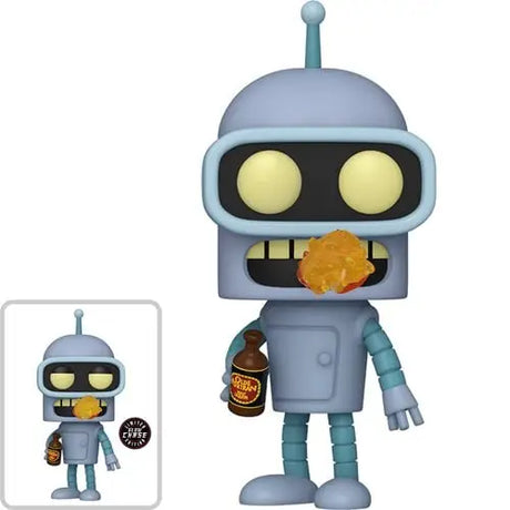 Futurama Bender Funko Pop with glowing eyes, holding a snack and bottle in cartoon style