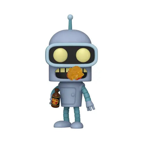 Cartoon robot figurine with glowing yellow eyes and snack from Futurama Bender Funko Pop