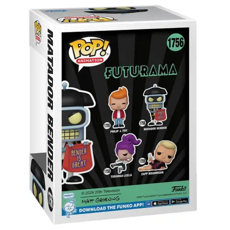 Futurama Matador Bender Funko Pop Vinyl Figure box featuring iconic animated characters