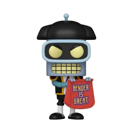 Cartoon robot figurine with glowing yellow eyes holding a red Bender is Great sign, Futurama Matador Bender Funko Pop