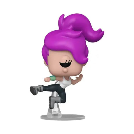 Cartoon-style Turanga Leela Funko Pop! Vinyl Figure with bright purple hair in playful pose