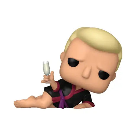 Cartoon-style Futurama Zapp Brannigan Funko Pop Vinyl Figure lying with champagne glass