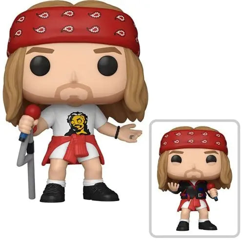 Funko Pop figure of Guns N’ Roses Axel Rose in red bandana, sword, and lion logo t-shirt