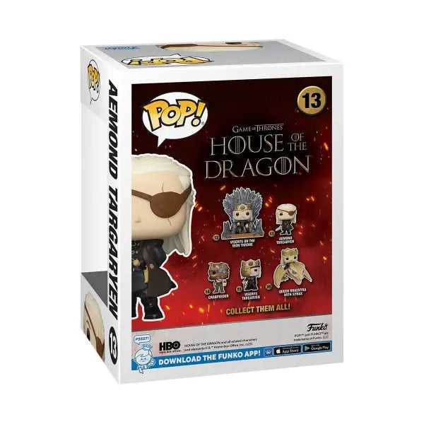 Aemond Targaryen Funko Pop! Vinyl Figure #13 box art featuring House of the Dragon designs