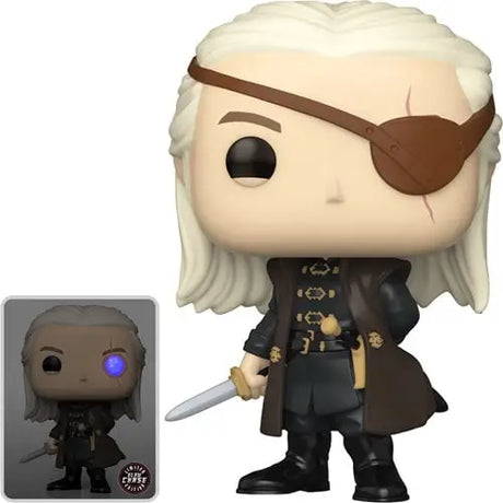 Aemond Targaryen Funko Pop figurine with eye patch, sword, and dark attire