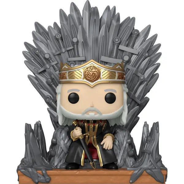 Funko Pop figure of Viserys sitting on the Iron Throne from House of the Dragon Deluxe Funko