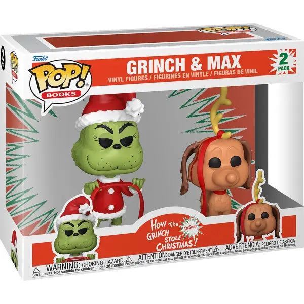 Funko Pop figures of Grinch and Max in Christmas attire from Grinch Stole Christmas