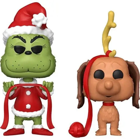 Green Grinch in Santa hat and brown dog with antlers in Funko Pop Grinch Stole Christmas set